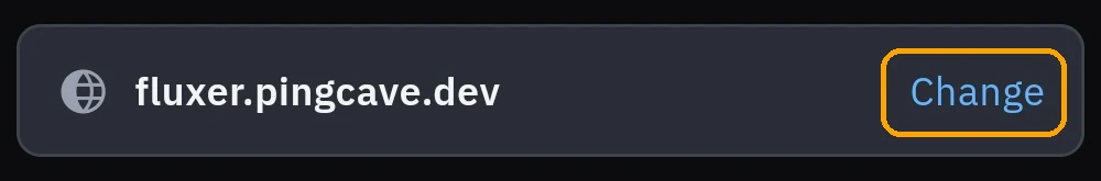 Barra no fundo do login da app, com fluxer.pingcave.dev e o botão Change